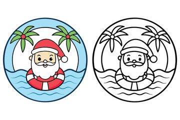 Santa Claus Cartoon Swimming in Blue Circle Ring with Palm Trees