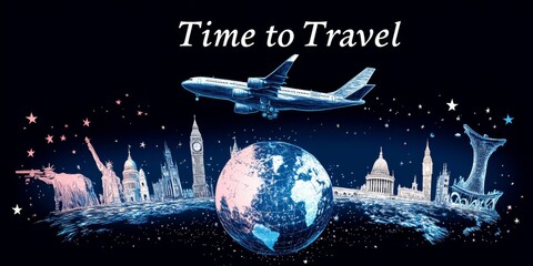 A plane flying over a globe with famous landmarks. The text "Time to Travel" suggests a vacation or travel adventure. It's a simple and colorful illustration about exploring the world.
