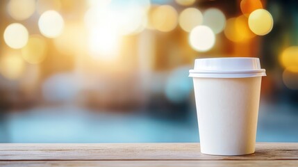 Coffee Break in the City: A classic white paper coffee cup, symbolizing a quick and comforting break, stands proudly on a wooden counter, with the bokeh lights of a busy city as a backdrop.