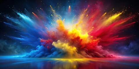 Vibrant explosion of multicolored powder creating a stunning visual spectacle with dynamic energy and a captivating blend of colors against a dark background.