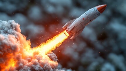 Rocket blasts off with flames, through smoky air