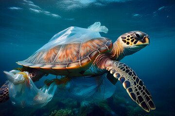 Sea Turtle Trapped in Plastic Pollution – World Oceans Day Concept