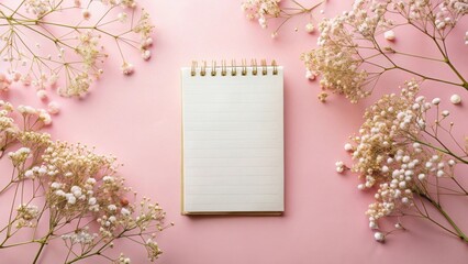 Blank Notebook Surrounded by Delicate White Flowers on a Soft Pink Background, Perfect for Inspirational Quotes, Notes, or Creative Ideas