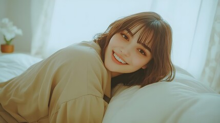 Woman in Pajamas Lying on Bed Smiling and Enjoying Relaxing Moment