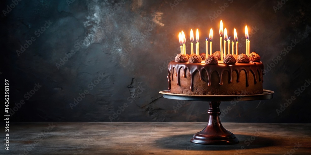 Poster a decadent chocolate cake adorned with chocolate truffles and lit candles, displayed elegantly on a 