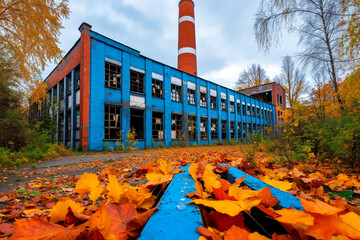 A blue building with a red and white chimney in the background