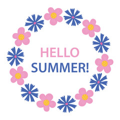 Vector round frame, floral circle with text hello summer. Isolated vector illustration on white background.