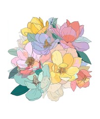 Pastel Bouquet of Magnolia Flowers Illustration Against a Clean White Background