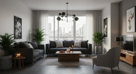 Modern Living Room with City View Gray Sofas and Minimalist Decor