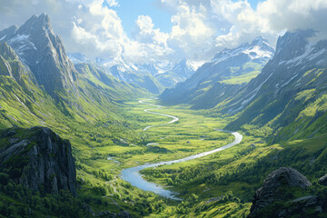 Fototapeta premium Valley with winding river, encircled by majestic mountains.