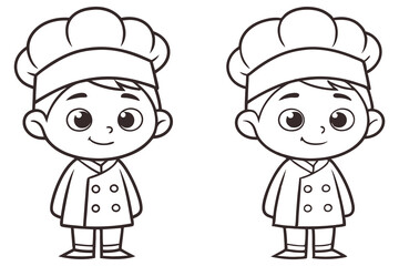Line Art Smiling Asian Boy Chef Cartoon in Chef's Hat and Uniforms with Buttons
