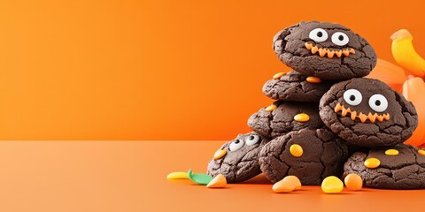 Fototapeta premium Sweet Halloween Stack: A delectable pile of Halloween cookies, artfully decorated with spooky faces, is placed on an orange surface, celebrating a joyous Halloween feast. 