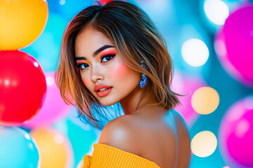 A woman in a yellow dress standing in front of colorful balloons