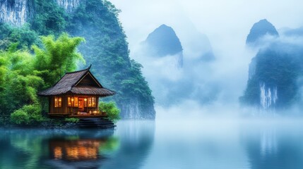 Fototapeta premium Serene Lakeside House: A tranquil scene of a traditional house nestled on a calm lake, surrounded by misty mountains and lush bamboo.