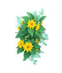 Vibrant Bouquet of Yellow Sunflowers and Green Eucalyptus on White Background
