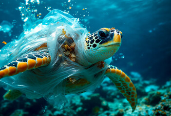 Sea Turtle Trapped in Plastic Pollution – World Oceans Day Concept