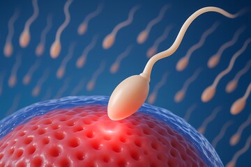 3D illustration of a sperm cell reaching an egg for fertilization, symbolizing conception and reproductive science.
