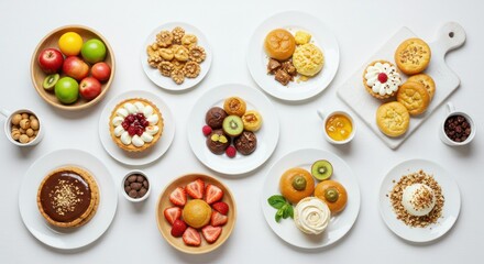 Various desserts and fruits are arranged on plates and bowls on a surface.