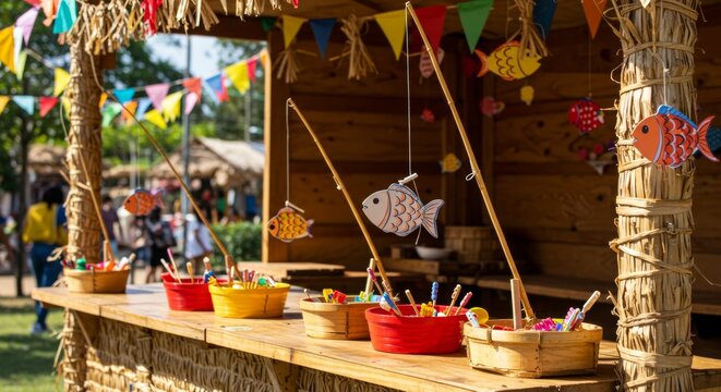 Festa junina fishing game booth with colorful decorations