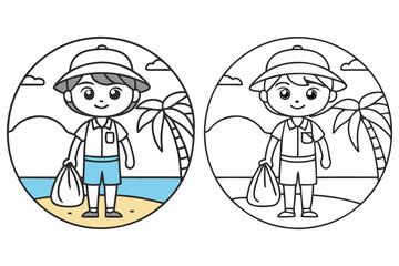 Cartoon character cleans beach with bag in hand color and outlined version