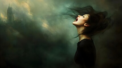 Fototapeta premium Woman Screaming with Hair Blowing in the Wind Amidst Dark Clouds