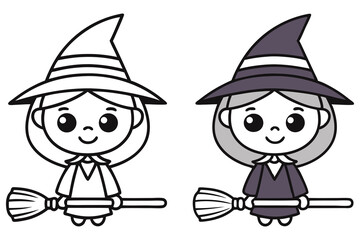 Two Cartoon Witch Girls with Broom and Hat, Halloween Icon, Flat