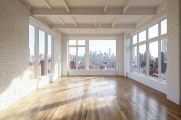 Obraz premium Empty bright New York loft with floor-to-ceiling windows, white brick walls, parquet flooring, and cityscape view. Photorealistic high-resolution interior.