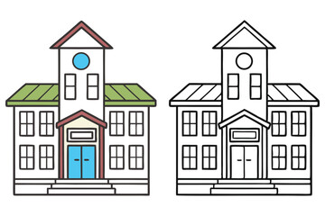 Two Story Building Hand Drawn Style with Color and Black and White on White