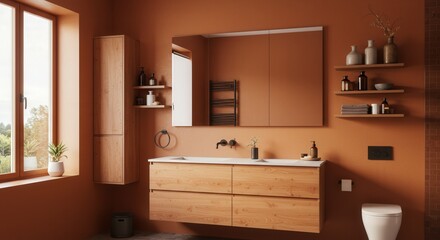 Modern Minimalist Bathroom in Warm Terracotta with Light Wood Accents