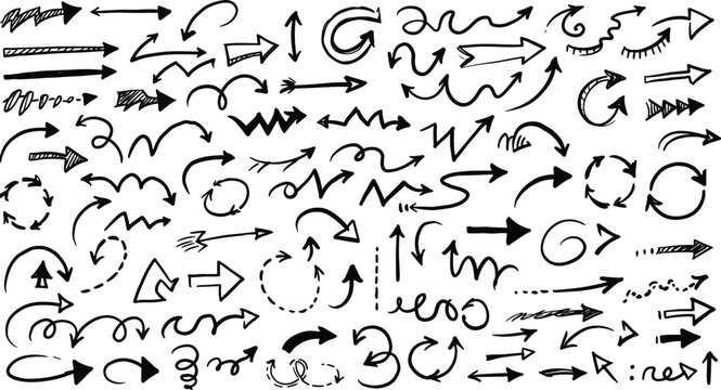 Hand drawn arrow set featuring curved, straight, dotted, and swirled arrows design, arrow 