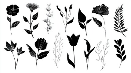 Fototapeta premium Elegant silhouette sketch engraving of various wildflowers and botanical leaves