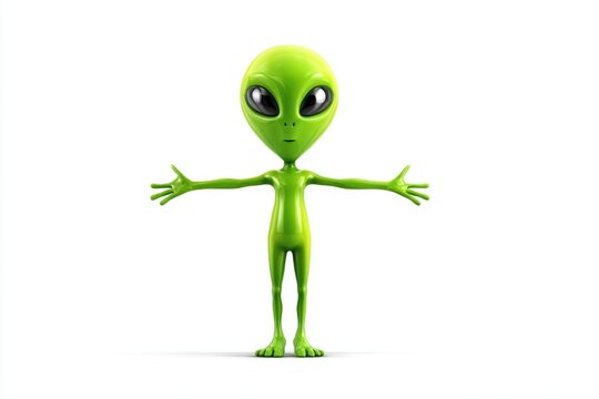 Green alien character with slim body and large head in a standing pose, arms outstretched, isolated against a white background