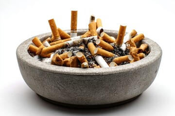 Ashtray filled with discarded cigarette butts rests on a clean white surface showcasing gritty realism