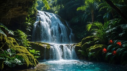 Waterfall in Lush Green Jungle Landscape