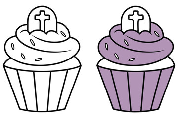 Outline cupcake with tombstone and cross frosting on transparent background
