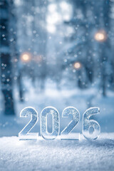 2026 frosted ice glass numbers on snowy surface with falling snow and glowing forest lights, winter festive background, ideal for New Year celebration and seasonal greeting designs