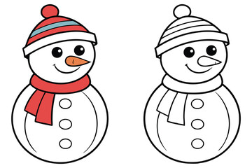 Snowman With Hat and Scarf Colored and Uncolored Outlines Cartoon Icon
