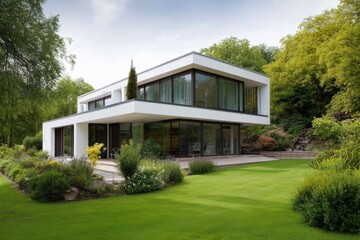 Modern minimalist house with glass windows surrounded by lush garden in a serene location