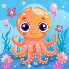 Adorable Cartoon Octopus in Underwater Scene with Flowers and Balloons