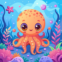 Adorable Cartoon Octopus in Vibrant Underwater Scene