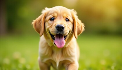 Playful golden retriever puppy, ears flopped, tongue out, tongue out, puppy, golden