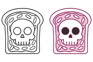 Spooky Toast Skull Bread Outlines, Black and Magenta Cartoonish Icon Food Design