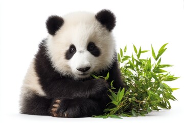 Fluffy panda enjoying bamboo surrounded by greenery in a serene environment