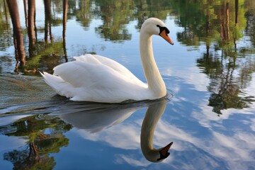 Swan swims gracefully on calm lake reflecting trees and sky during a peaceful day in nature