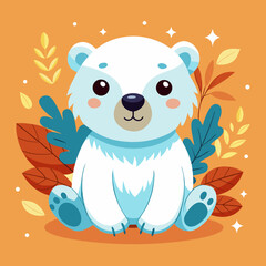 Adorable Cartoon Polar Bear Sitting Among Autumn Leaves