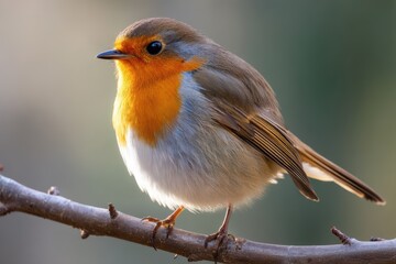 Close-up of a robin perched on a branch in warm morning light, showcasing vibrant feathers and charming details