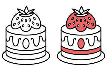 Two Layered Cakes Topped with Strawberrys, Cartoonish Outline Style, Isolated