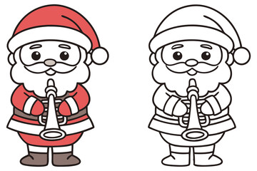 Cartoon Santa Claus blowing a Horn, with Outline Version on White Background