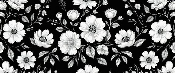 elegant monochrome floral pattern on black background