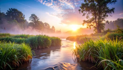 Río brumoso que serpentea a través de exuberantes humedales verdes al amanecer, fotografía hiperrealista,